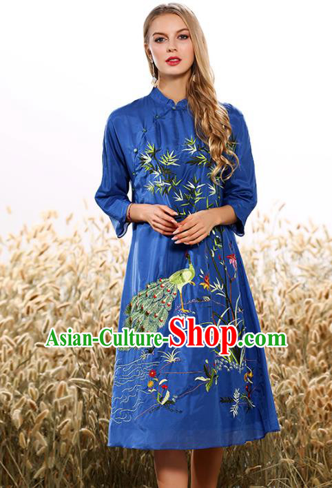 Chinese National Costume Tang Suit Blue Qipao Dress Traditional Embroidered Bamboo Cheongsam for Women