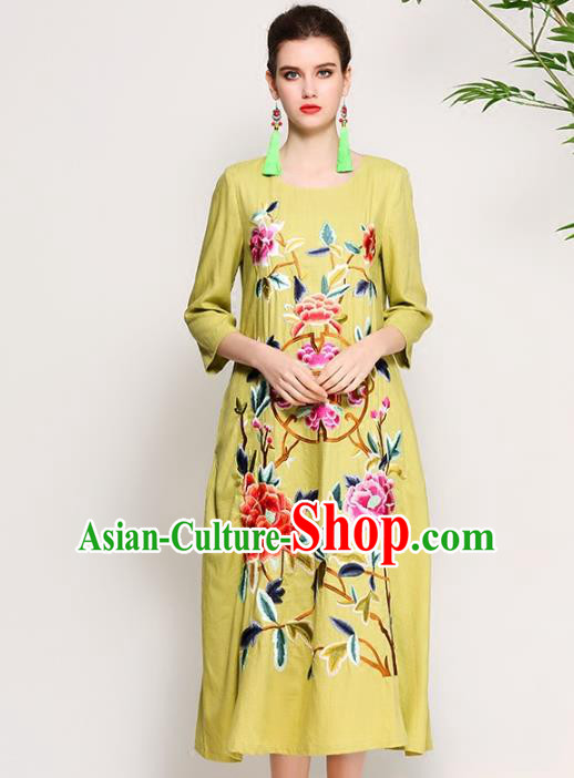 Chinese National Costume Tang Suit Qipao Dress Traditional Embroidered Peony Green Cheongsam for Women
