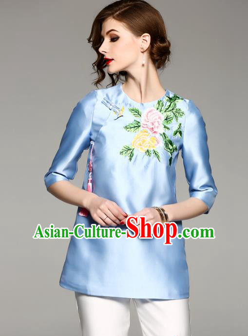 Chinese National Costume Tang Suit Qipao Shirts Traditional Embroidered Peony Blue Blouse for Women