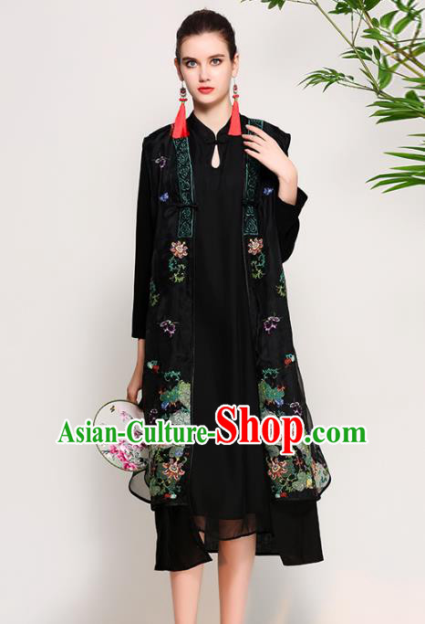 Chinese National Costume Tang Suit Black Dust Coats Traditional Embroidered Coat for Women