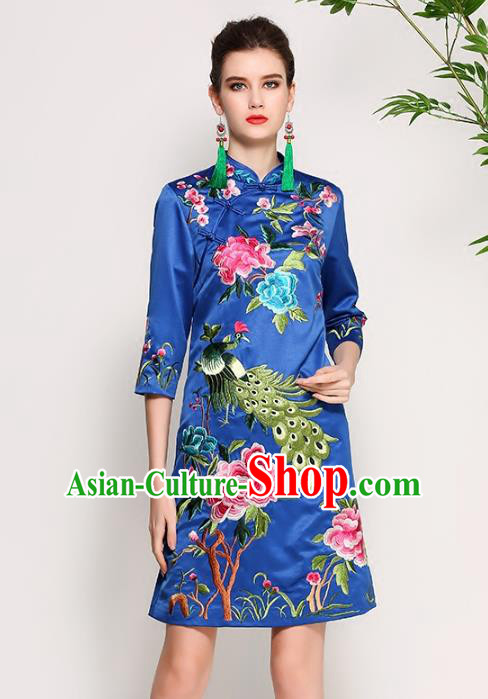 Chinese National Costume Tang Suit Blue Silk Qipao Dress Traditional Embroidered Peony Cheongsam for Women
