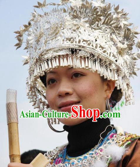 Traditional Chinese Miao Nationality Tassel Phoenix Coronet Hair Accessories Sliver Crown Headwear for Women