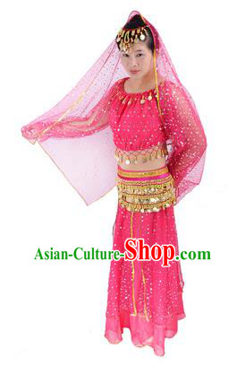 Traditional India Folk Dance Costume, Indian Female Dance Rosy Dress for Women