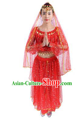 Traditional India Folk Dance Costume, Indian Female Dance Red Dress for Women