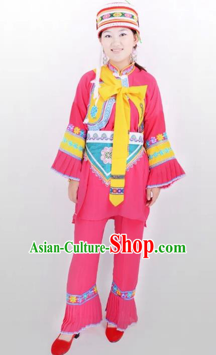 Traditional Chinese Sani Nationality Minority Dance Pink Costume, Female Folk Dance Yi Ethnic Clothing for Women