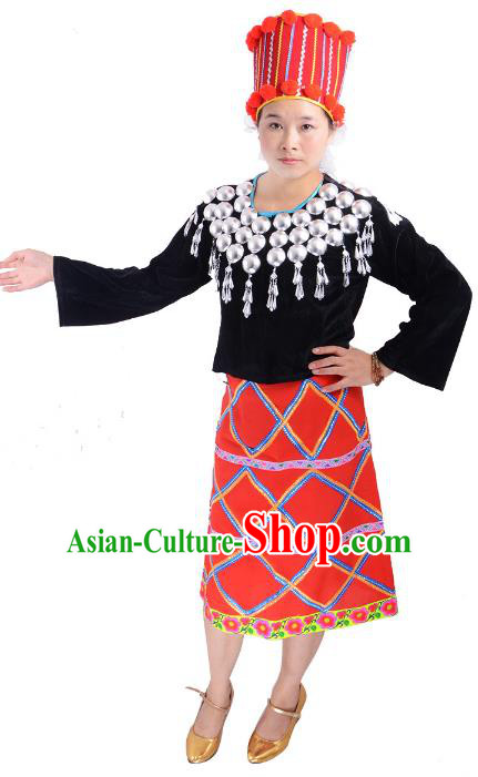 Traditional Chinese Jingpo Nationality Folk Dance Costume China Ethnic Minority Dress for Women