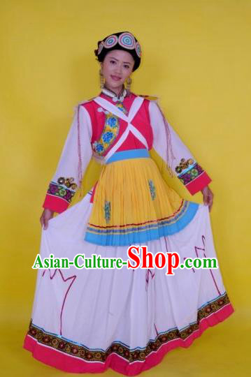 Traditional Chinese Naxi Nationality Costume, China Yi Ethnic Folk Dance White Dress Clothing for Women