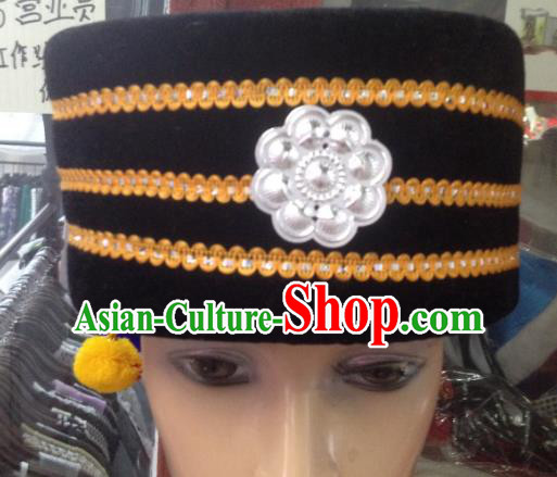 Traditional Chinese Miao Nationality Hair Accessories Hmong Ethnic Minority Black Hats Headwear for Men