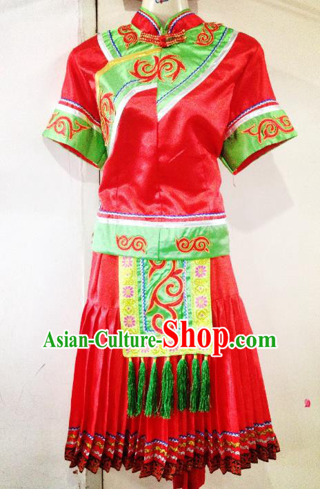 Traditional Chinese Bai Nationality Minority Dance Red Dress, Female Folk Dance Yi Ethnic Clothing for Women