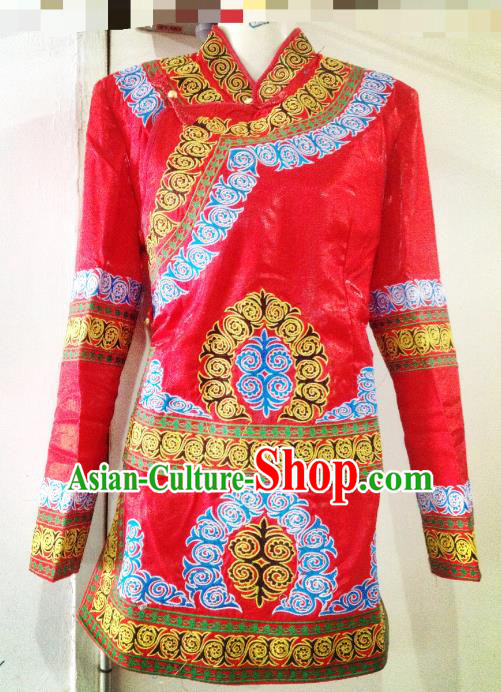 Traditional Chinese Yi Nationality Dance Costume Folk Dance Ethnic Red Blouse for Women