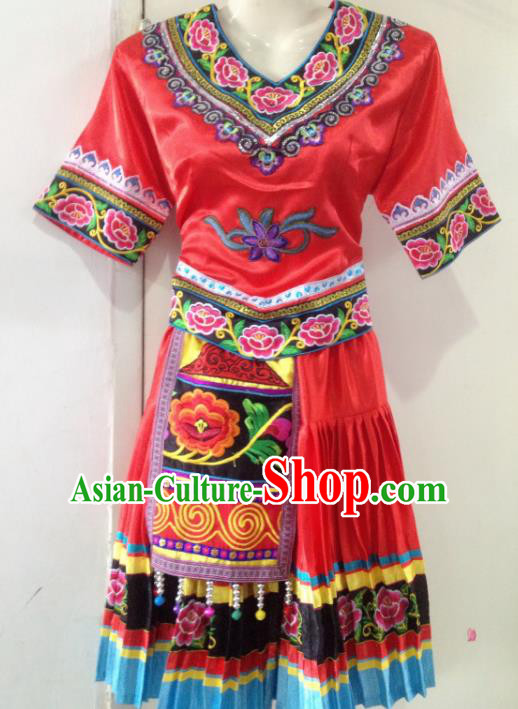 Traditional Chinese Yi Nationality Minority Dance Red Dress, Female Folk Dance Yi Ethnic Clothing for Women