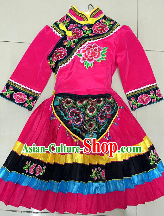 Traditional Chinese Jingpo Nationality Dance Costume Folk Dance Ethnic Rosy Dress Clothing for Kids