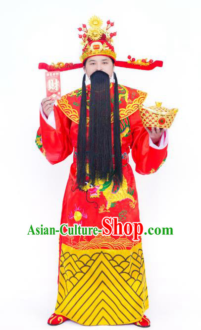 Traditional Chinese Beijing Opera God of Wealth Embroidered Costume Ancient Peking Opera Clothing and Headpiece Complete Set