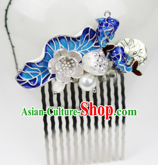 Chinese Ancient Handmade Hair Accessories Classical Blueing Fishes Lotus Hairpins Hair Combs for Women