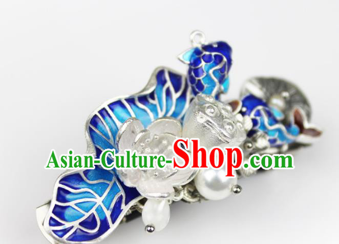 Chinese Ancient Handmade Hair Accessories Classical Blueing Fishes Lotus Hairpins Hair Claw for Women