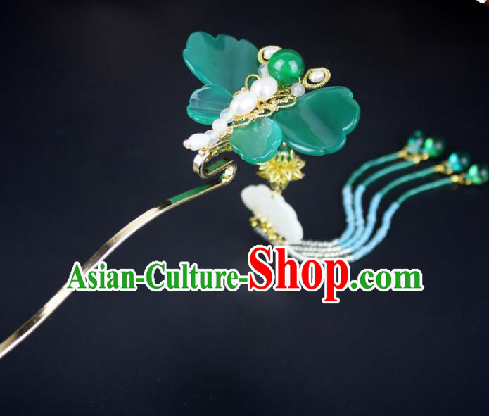 Chinese Ancient Handmade Hair Accessories Classical Hairpins Jade Butterfly Tassel Hair Clips for Women