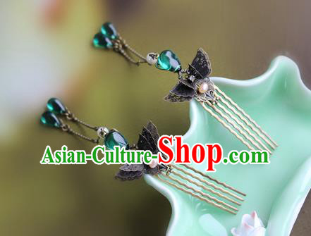 Chinese Ancient Handmade Hair Accessories Classical Green Crystal Tassel Hairpins Butterfly Hair Comb for Women