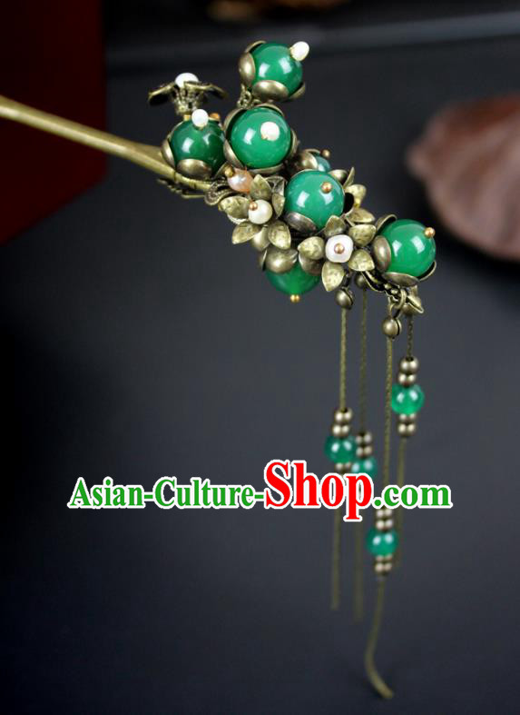 Chinese Ancient Handmade Hair Accessories Classical Hairpins Green Beads Hair Clip for Women