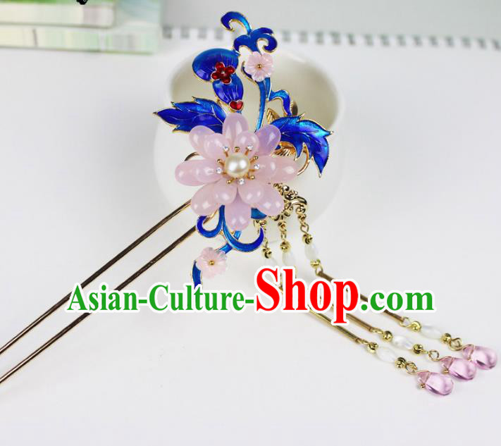 Chinese Ancient Handmade Hair Accessories Classical Hairpins Pink Flower Blueing Hair Clip for Women