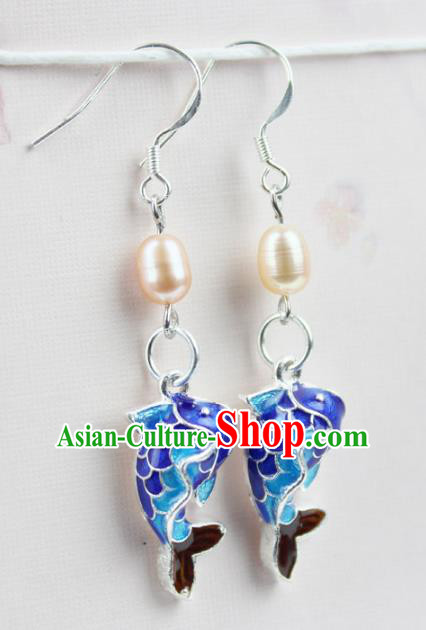 Chinese Ancient Handmade Accessories Pearl Earrings Hanfu Blueing Fish Eardrop for Women