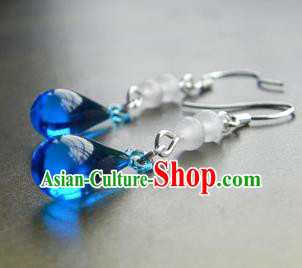Chinese Ancient Handmade Accessories Blue Crystal Tassel Earrings for Women