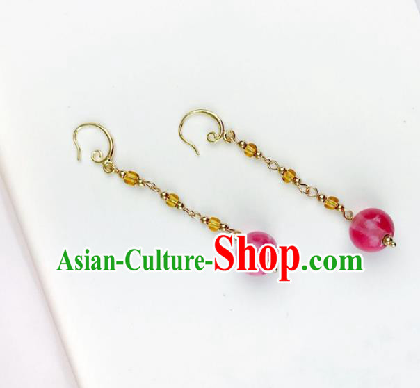 Chinese Ancient Handmade Accessories Pink Beads Tassel Earrings for Women