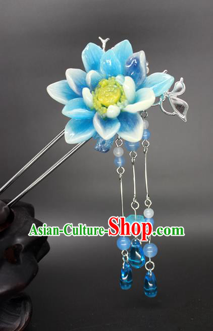 Chinese Ancient Handmade Hair Accessories Hairpins Classical Hanfu Blue Flowers Step Shake for Women