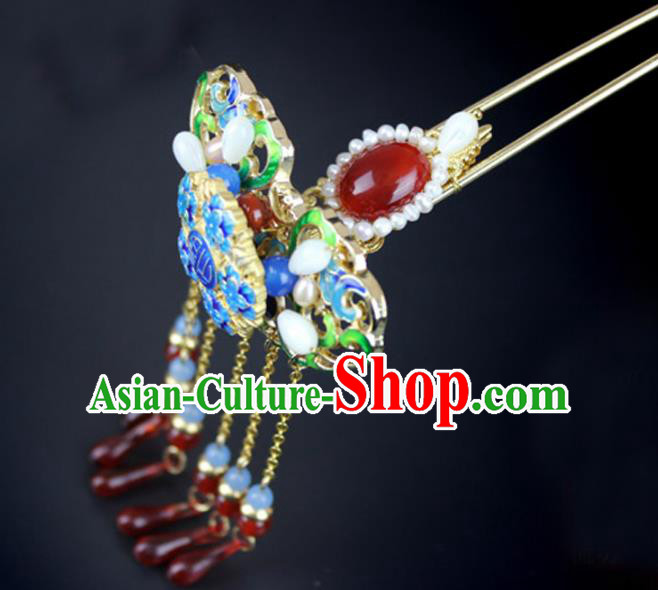 Chinese Ancient Handmade Hair Accessories Wedding Tassel Hair Clip Classical Hanfu Blueing Hairpins for Women
