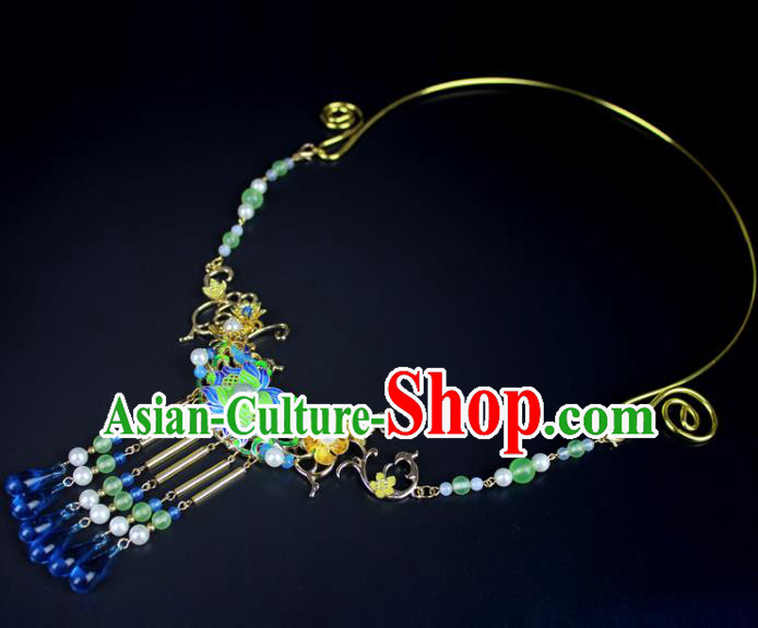 Chinese Ancient Handmade Accessories Blueing Necklace Crystal Tassel Necklet for Women