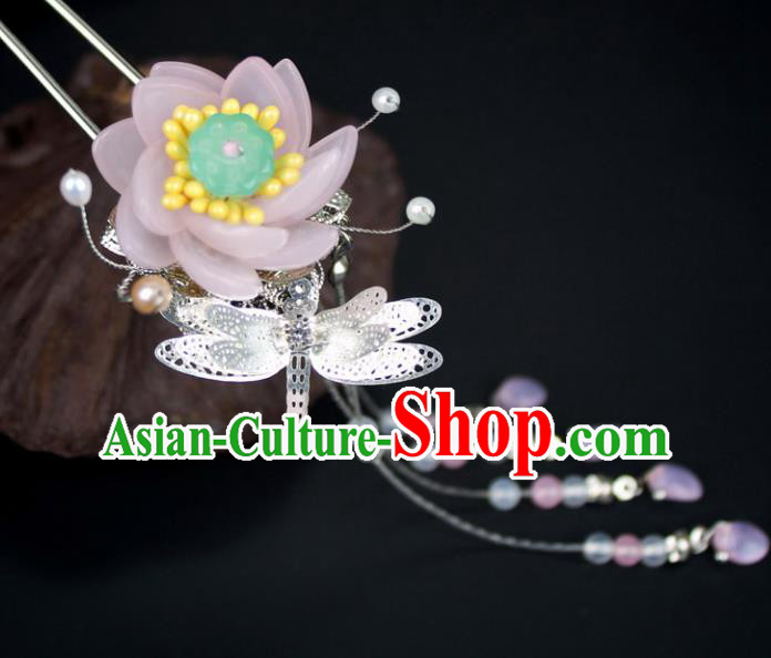 Chinese Ancient Handmade Hair Accessories Dragonfly Lotus Step Shake Classical Hanfu Tassel Hairpins for Women