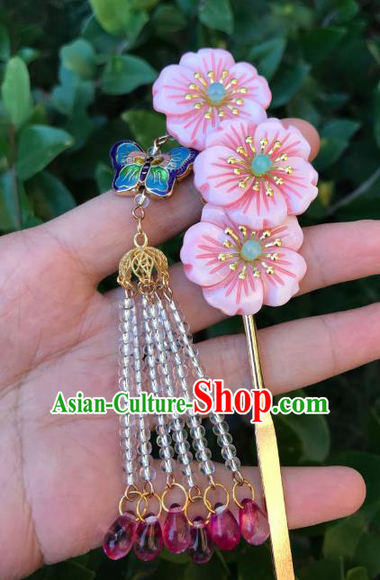 Chinese Ancient Handmade Hair Accessories Pink Flowers Tassel Step Shake Classical Hanfu Hairpins for Women