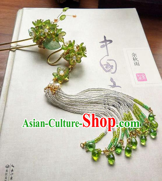Chinese Handmade Ancient Hairpins Hair Accessories Classical Hanfu Green Flowers Tassel Step Shake for Women