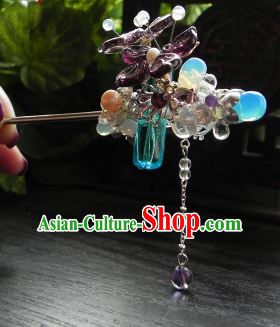 Chinese Handmade Ancient Purple Crystal Hair Clip Hair Accessories Classical Hanfu Tassel Hairpins for Women