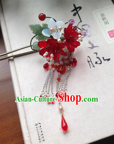 Chinese Ancient Hanfu Tassel Handmade Red Flowers Hairpins Hair Accessories Hair Clip for Women
