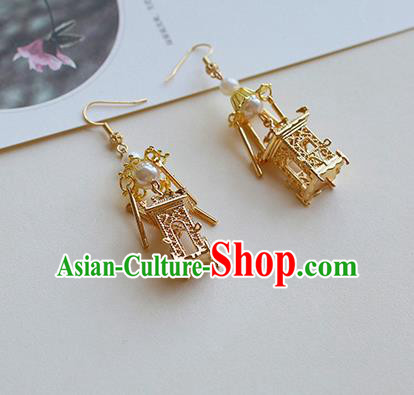 Chinese Handmade Ancient Jewelry Accessories Eardrop Hanfu Golden Pavilion Tassel Earrings for Women