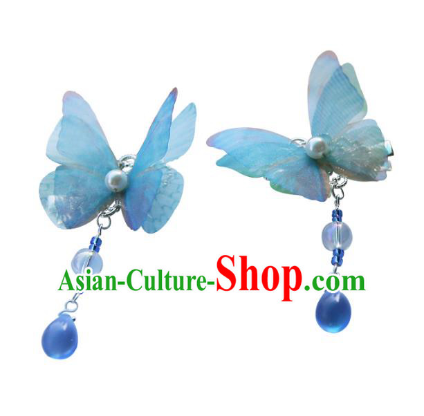 Chinese Ancient Handmade Hanfu Hairpins Palace Lady Blue Butterfly Hair Claws Hair Accessories for Women