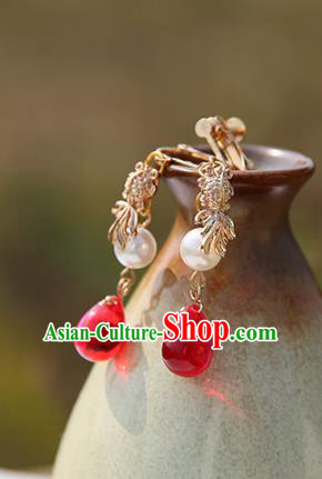 Chinese Handmade Ancient Jewelry Accessories Red Crystal Eardrop Hanfu Earrings for Women