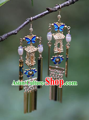 Chinese Handmade Ancient Jewelry Accessories Blueing Butterfly Eardrop Hanfu Earrings for Women
