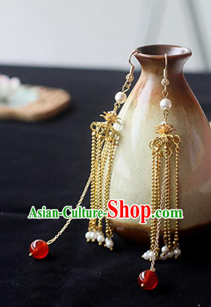 Chinese Handmade Ancient Jewelry Accessories Golden Eardrop Hanfu Long Tassel Earrings for Women