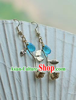 Chinese Handmade Ancient Jewelry Accessories Eardrop Hanfu Blue Bead Earrings for Women