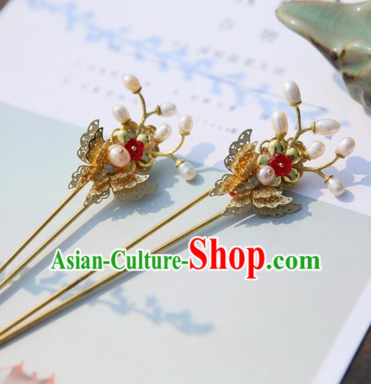 Chinese Ancient Hanfu Handmade Pearls Hairpins Butterfly Hair Stick Hair Accessories for Women