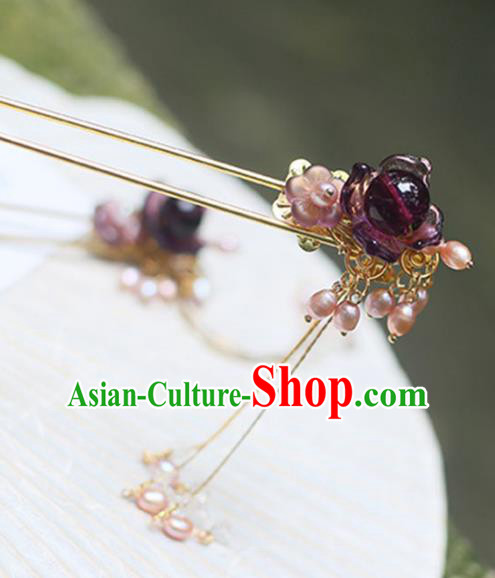 Chinese Ancient Hanfu Handmade Hairpins Purple Coloured Glaze Tassel Hair Clip Hair Accessories for Women