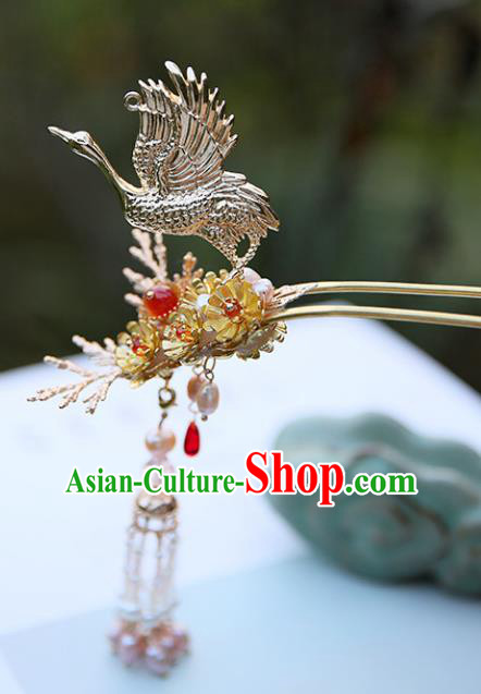 Chinese Ancient Hanfu Handmade Hairpins Crane Tassel Hair Clips Hair Accessories for Women
