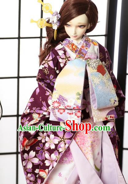 Traditional Asian Japan Costume Japanese Courtesan Iromuji Kimono Purple Sakura Vibration Sleeve Kimono for Women