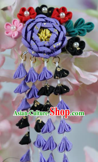 Traditional Asian Japan Hair Accessories Purple Flowers Tassel Hairpins Japanese Kimono Headwear for Women