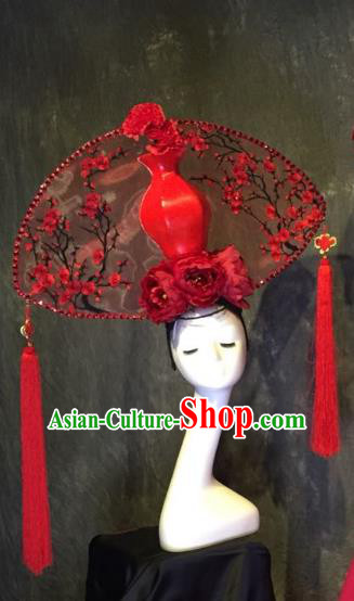 Top Grade China Ancient Hair Accessories Red Plum Blossom Palace Hair Crown Stage Performance Headdress for Women