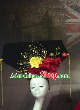 Top Grade China Catwalks Hair Accessories Qing Dynasty Red Flowers Headwear Stage Performance Headdress for Women