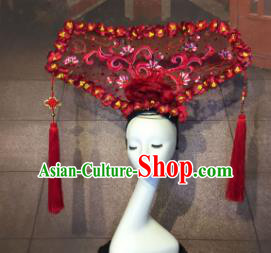 Top Grade China Catwalks Hair Accessories Qing Dynasty Red Headwear Stage Performance Headdress for Women