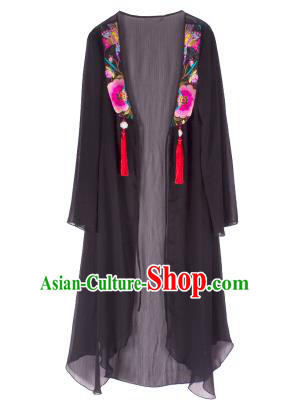 Traditional China National Costume Chinese Tang Suit Embroidered Black Cardigan for Women