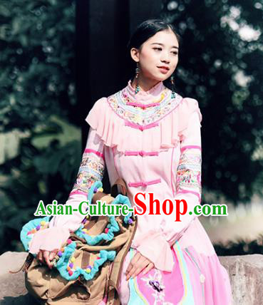 Traditional China National Costume Pink Blouse Chinese Tang Suit Embroidered Shirts for Women